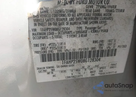 2008 Ford Taurus Limited из США, поврежденный, VIN 1FAHP25W08G128304